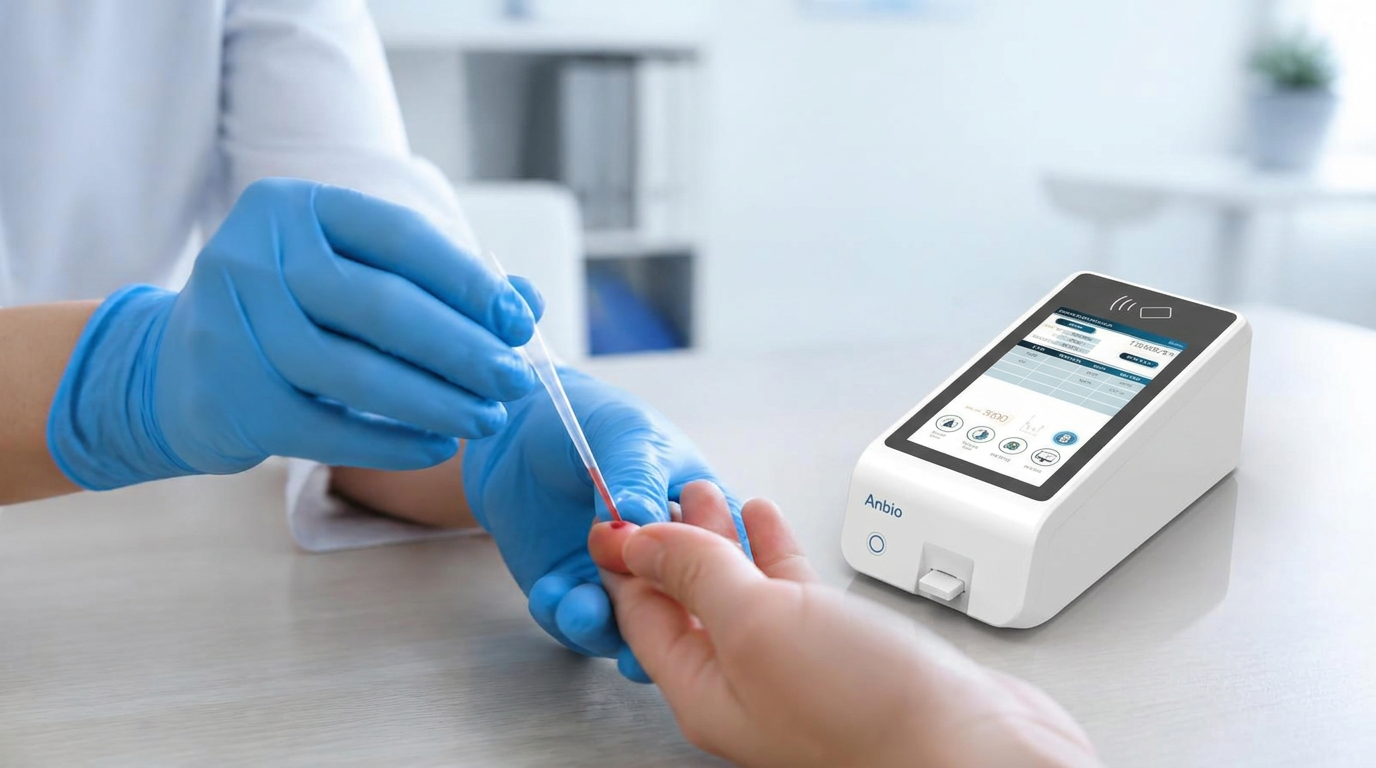 Punción capilar para prueba de HbA1c junto a un analizador POCT Anbio